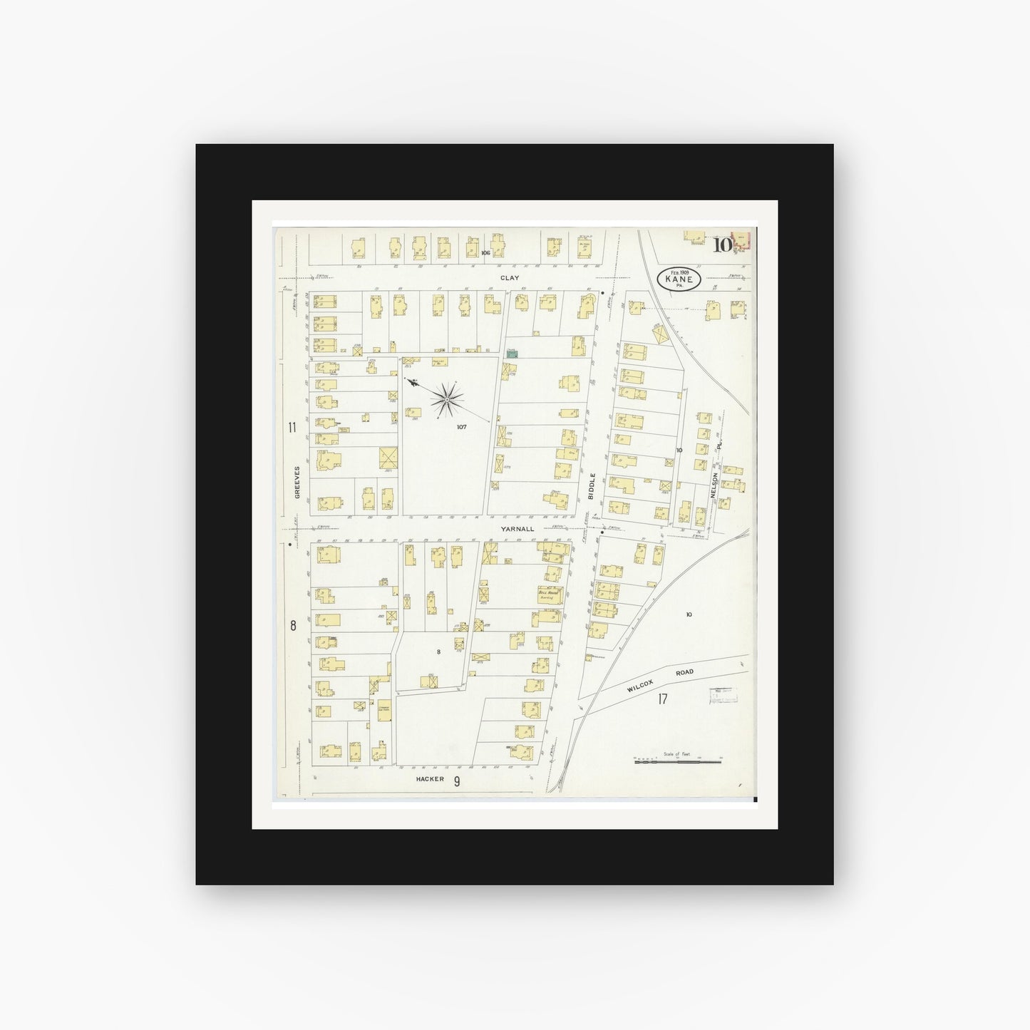 Old map wall art mockup — black gallery frame with white mat — Sanborn Fire Insurance Map from Kane, McKean County, Pennsylvania (1909), Sheet #0010