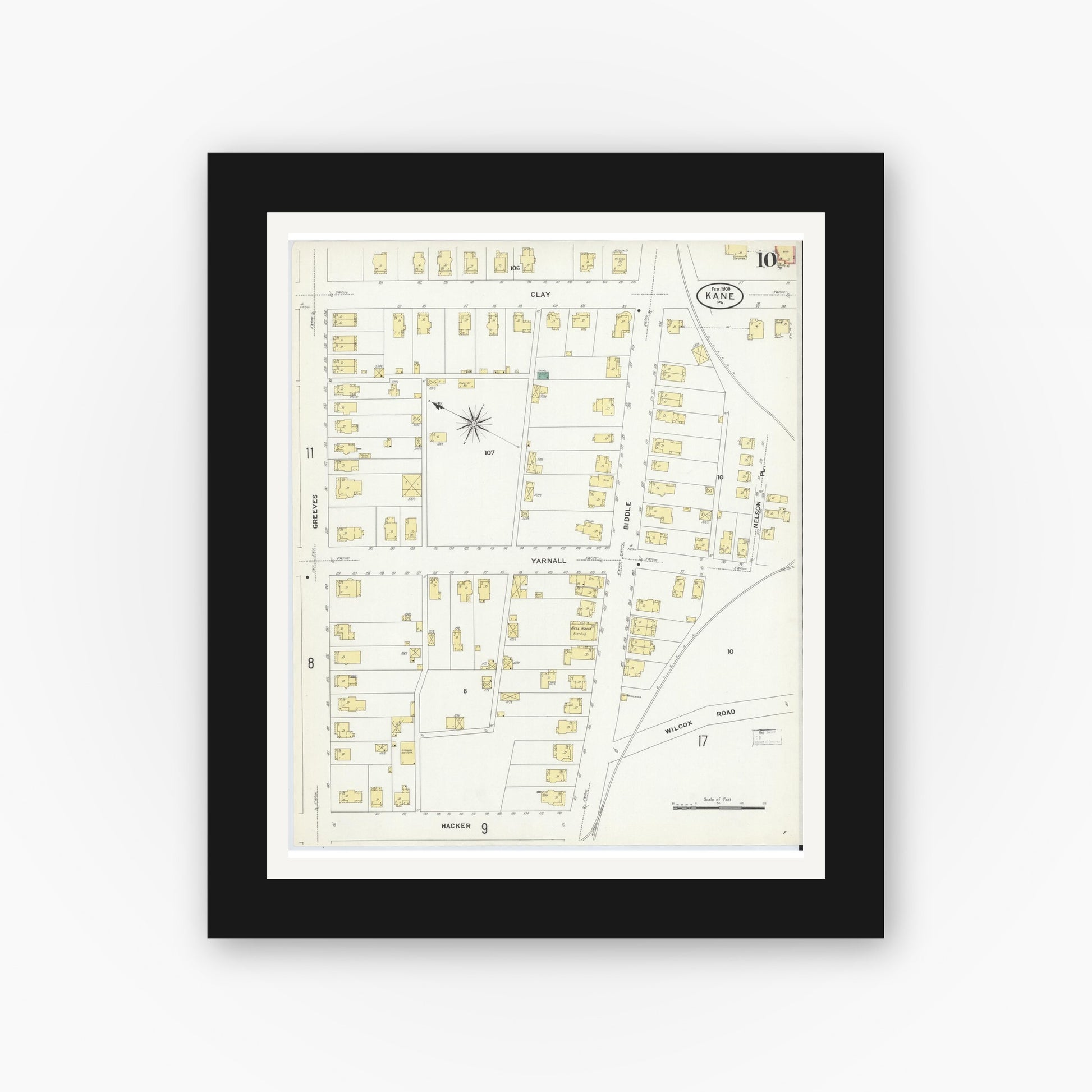 Old map wall art mockup — black gallery frame with white mat — Sanborn Fire Insurance Map from Kane, McKean County, Pennsylvania (1909), Sheet #0010