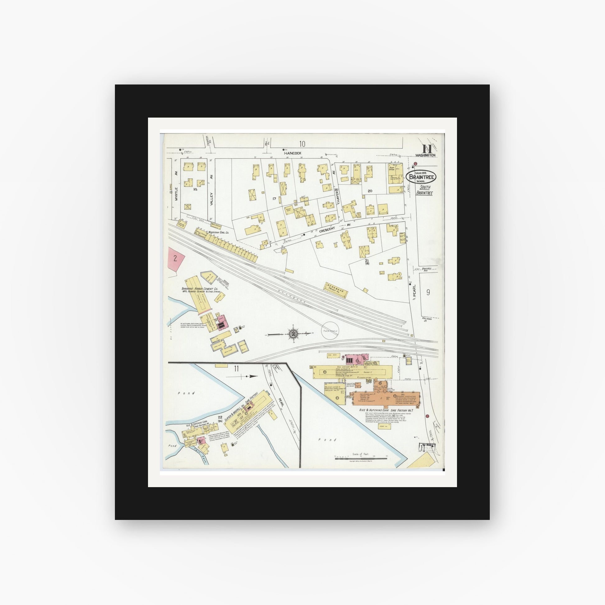 Old map wall art mockup — black gallery frame with white mat — Sanborn Fire Insurance Map from Braintree, Norfolk County, Massachusetts (1919), Sheet #0011