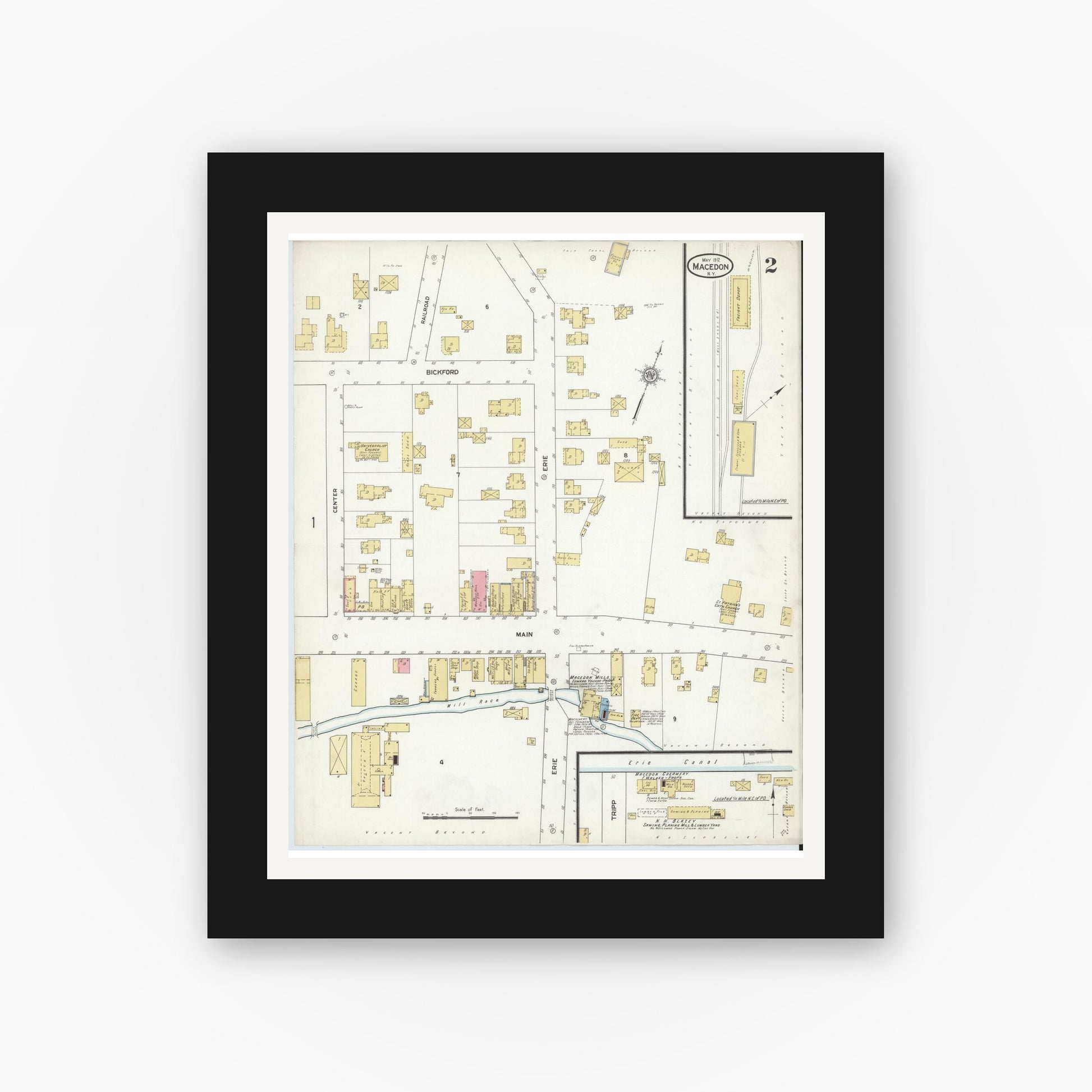 Old map wall art mockup — black gallery frame with white mat — Sanborn Fire Insurance Map from Macedon, Wayne County, New York (1912), Sheet #0002