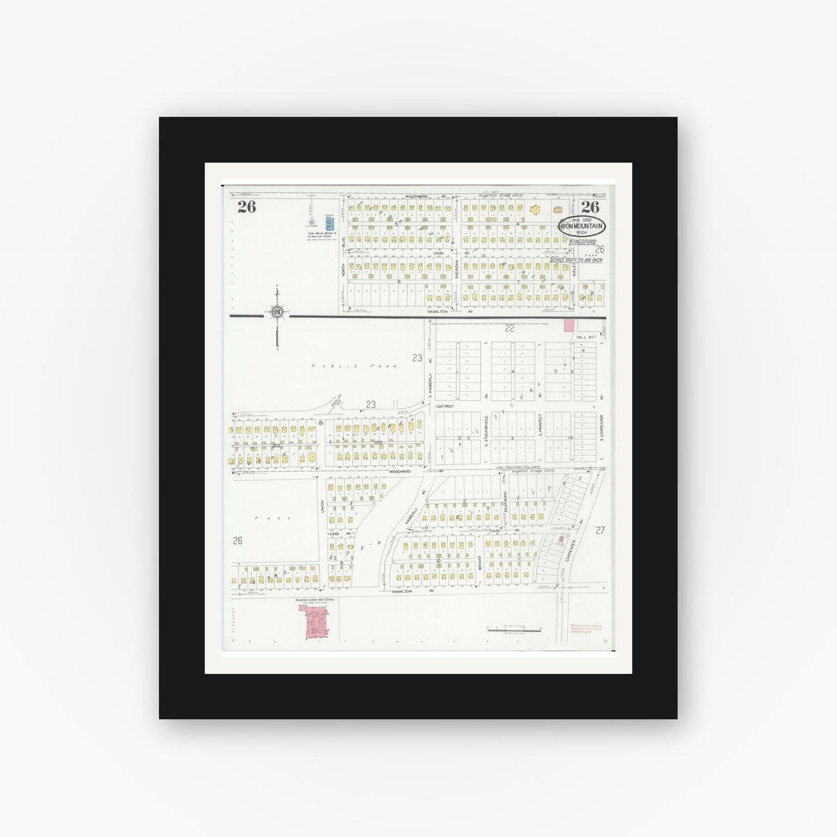 Old map wall art mockup — black gallery frame with white mat — Sanborn Fire Insurance Map from Iron Mountain, Dickinson County, Michigan (1930), Sheet #0026