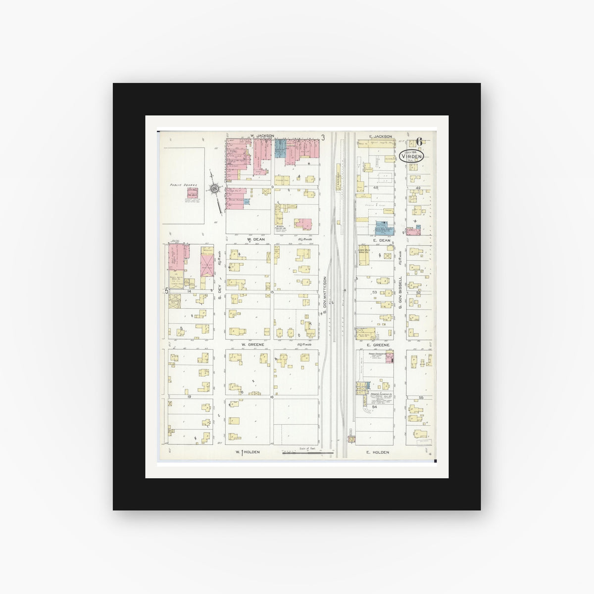 Old map wall art mockup — black gallery frame with white mat — Sanborn Fire Insurance Map from Virden, Macoupin County, Illinois (1914), Sheet #0006
