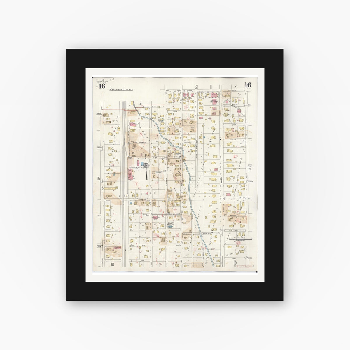 Old map wall art mockup — black gallery frame with white mat — Sanborn Fire Insurance Map from Marion, Williamson County, Illinois (1946), Sheet #0016