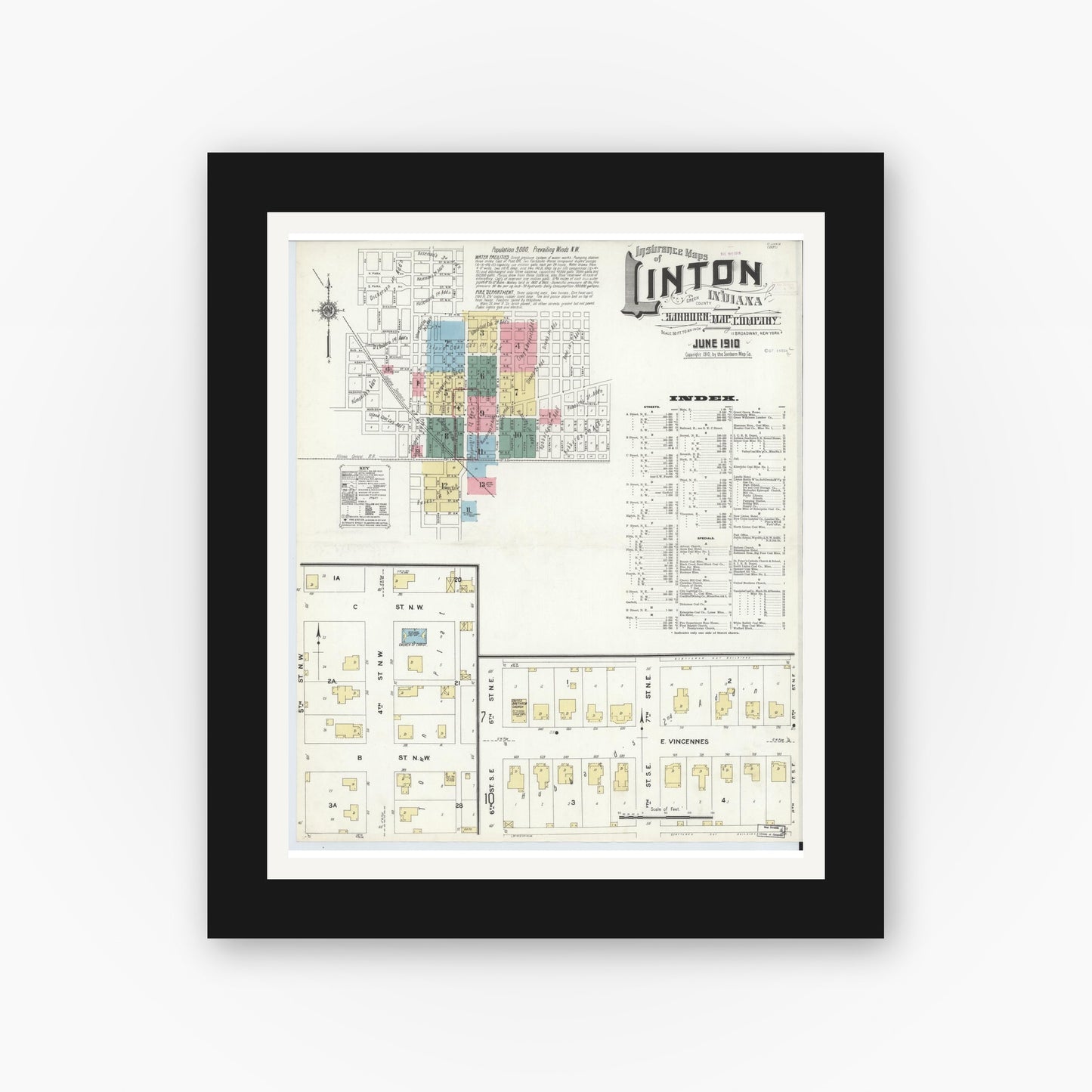 Old map wall art mockup — black gallery frame with white mat — Sanborn Fire Insurance Map from Linton, Greene County, Indiana (1910), Sheet #0001