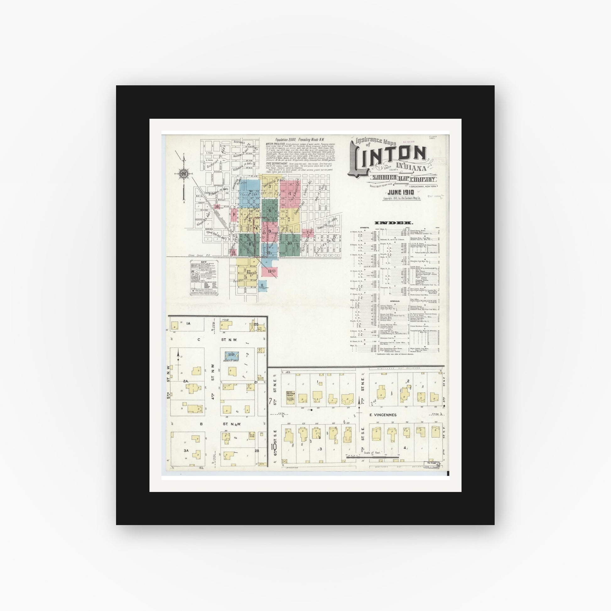 Old map wall art mockup — black gallery frame with white mat — Sanborn Fire Insurance Map from Linton, Greene County, Indiana (1910), Sheet #0001