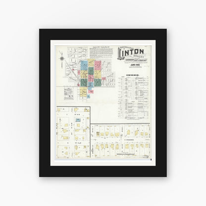 Old map wall art mockup — black gallery frame with white mat — Sanborn Fire Insurance Map from Linton, Greene County, Indiana (1910), Sheet #0001