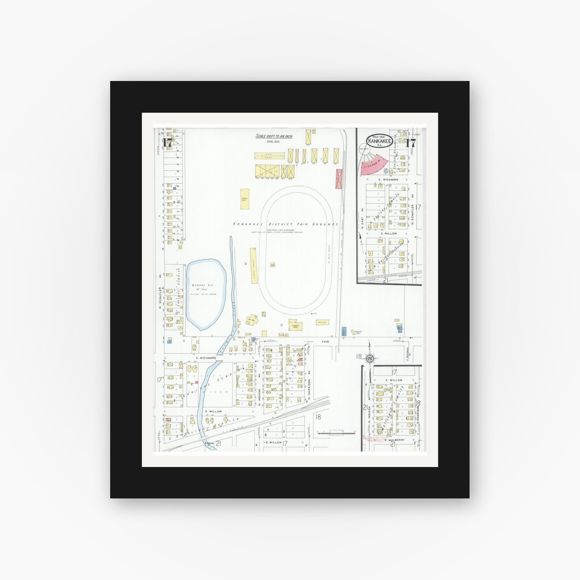 Old map wall art mockup — black gallery frame with white mat — Sanborn Fire Insurance Map from Kankakee, Kankakee County, Illinois (1930), Sheet #0017