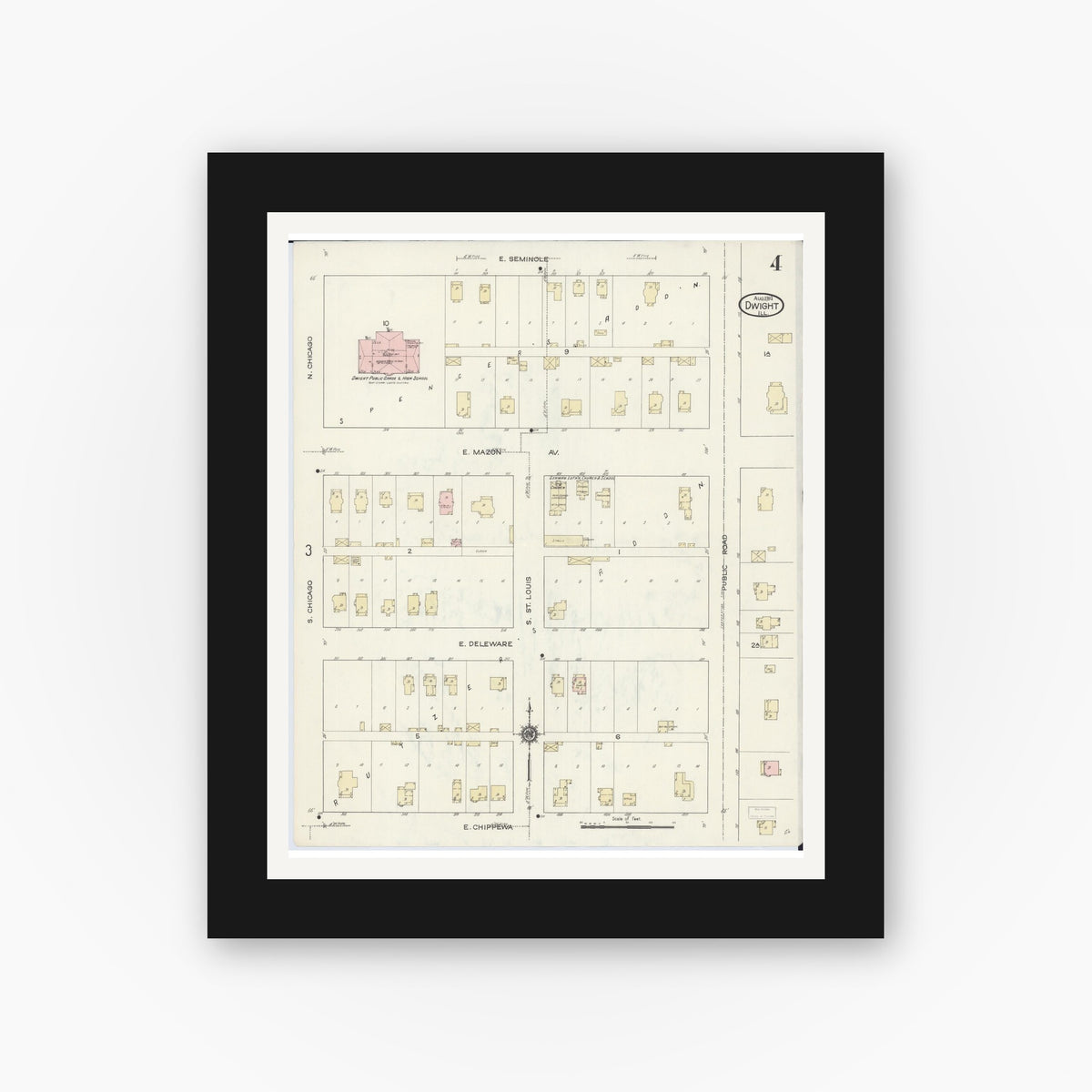 Old map wall art mockup — black gallery frame with white mat — Sanborn Fire Insurance Map from Dwight, Livingston County, Illinois (1914), Sheet #0004