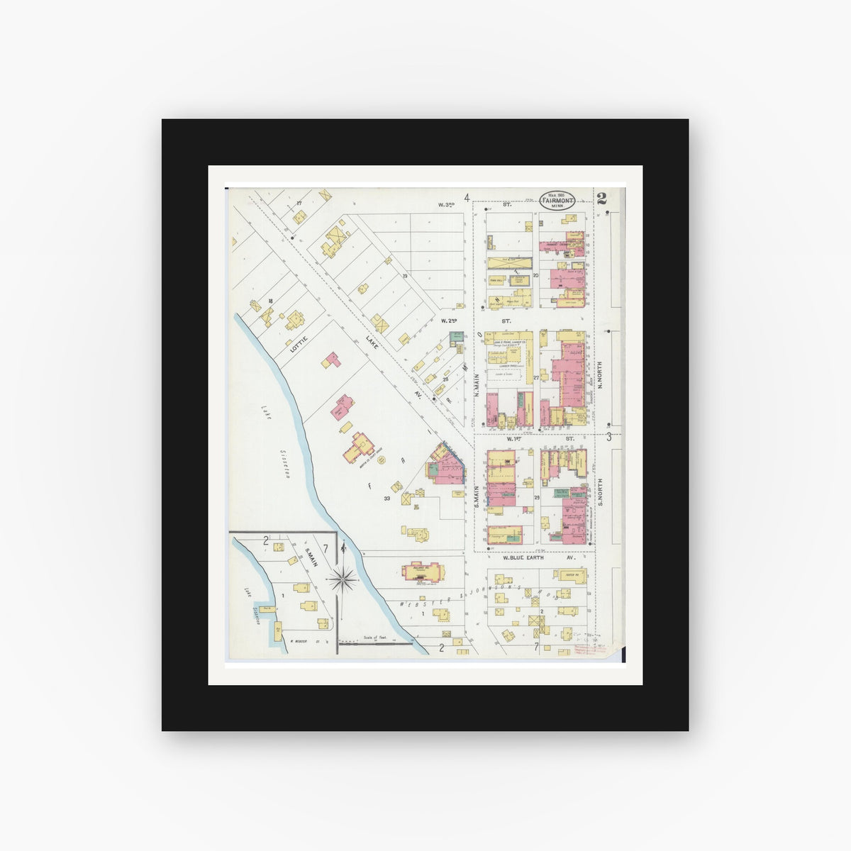 Old map wall art mockup — black gallery frame with white mat — Sanborn Fire Insurance Map from Fairmont, Martin County, Minnesota (1905), Sheet #0002