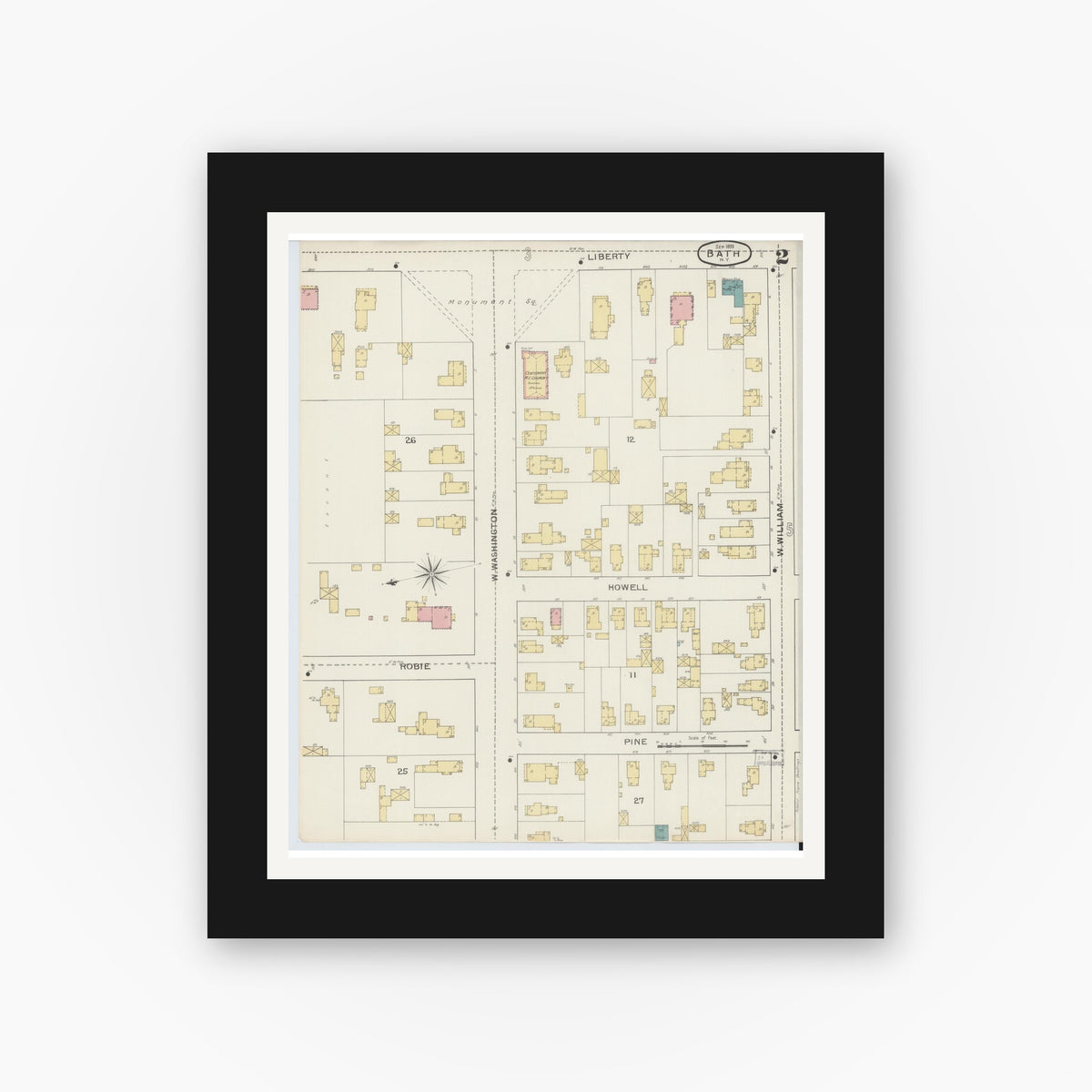 Old map wall art mockup — black gallery frame with white mat — Sanborn Fire Insurance Map from Bath, Steuben County, New York (1893) - Complete Map Set