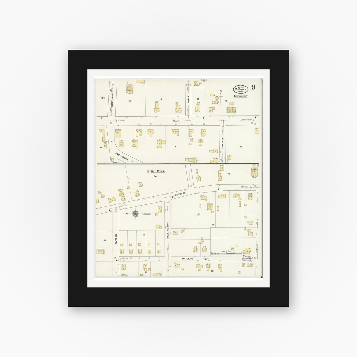 Old map wall art mockup — black gallery frame with white mat — Sanborn Fire Insurance Map from Medway, Norfolk County, Massachusetts (1910), Sheet #0009
