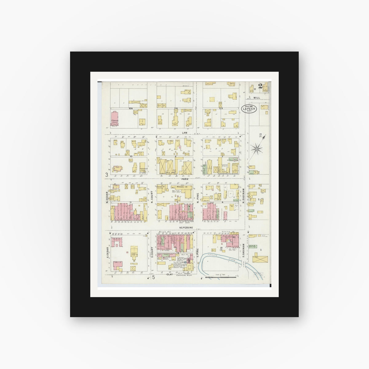 Old map wall art mockup — black gallery frame with white mat — Sanborn Fire Insurance Map from Lapeer, Lapeer County, Michigan (1898), Sheet #0002