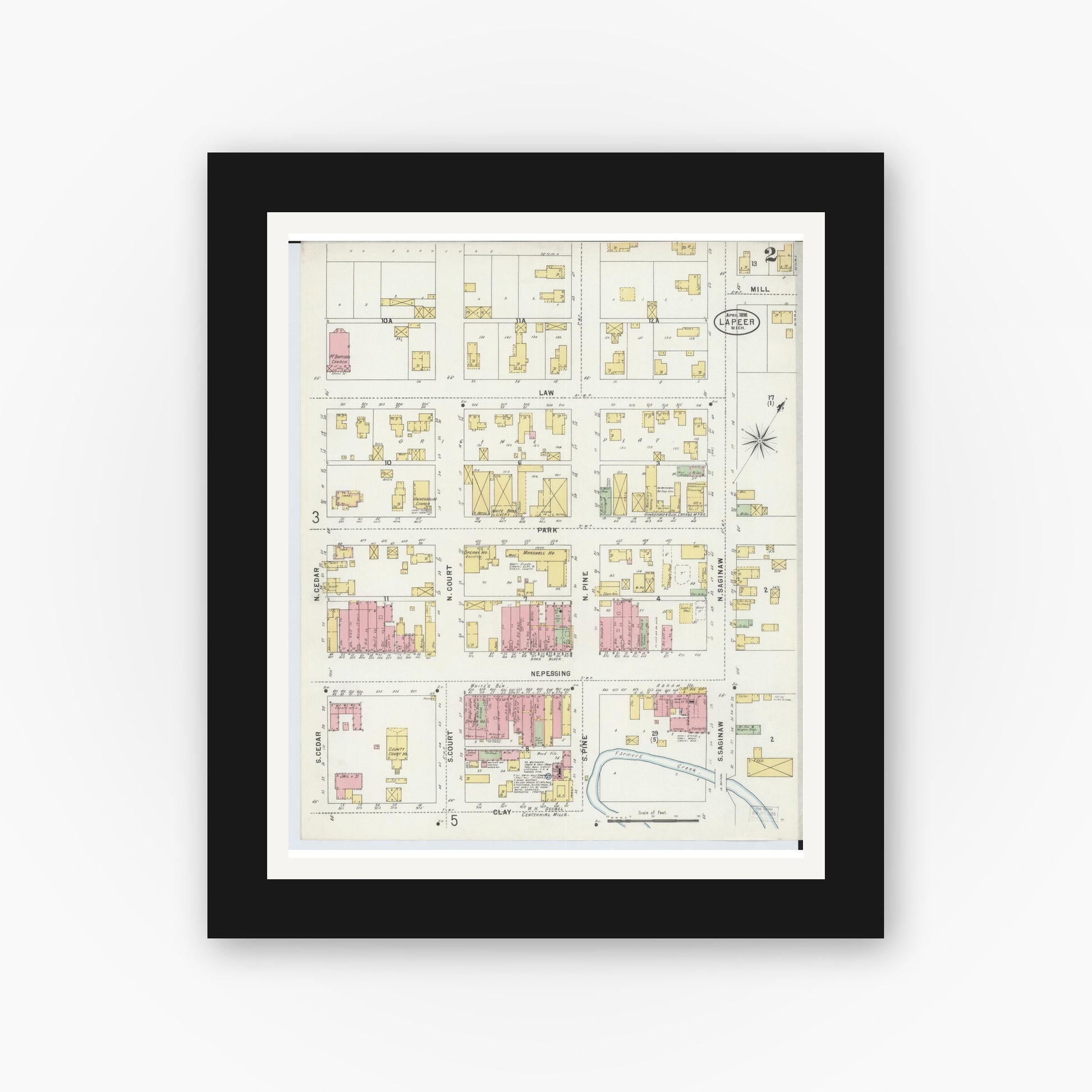 Old map wall art mockup — black gallery frame with white mat — Sanborn Fire Insurance Map from Lapeer, Lapeer County, Michigan (1898), Sheet #0002