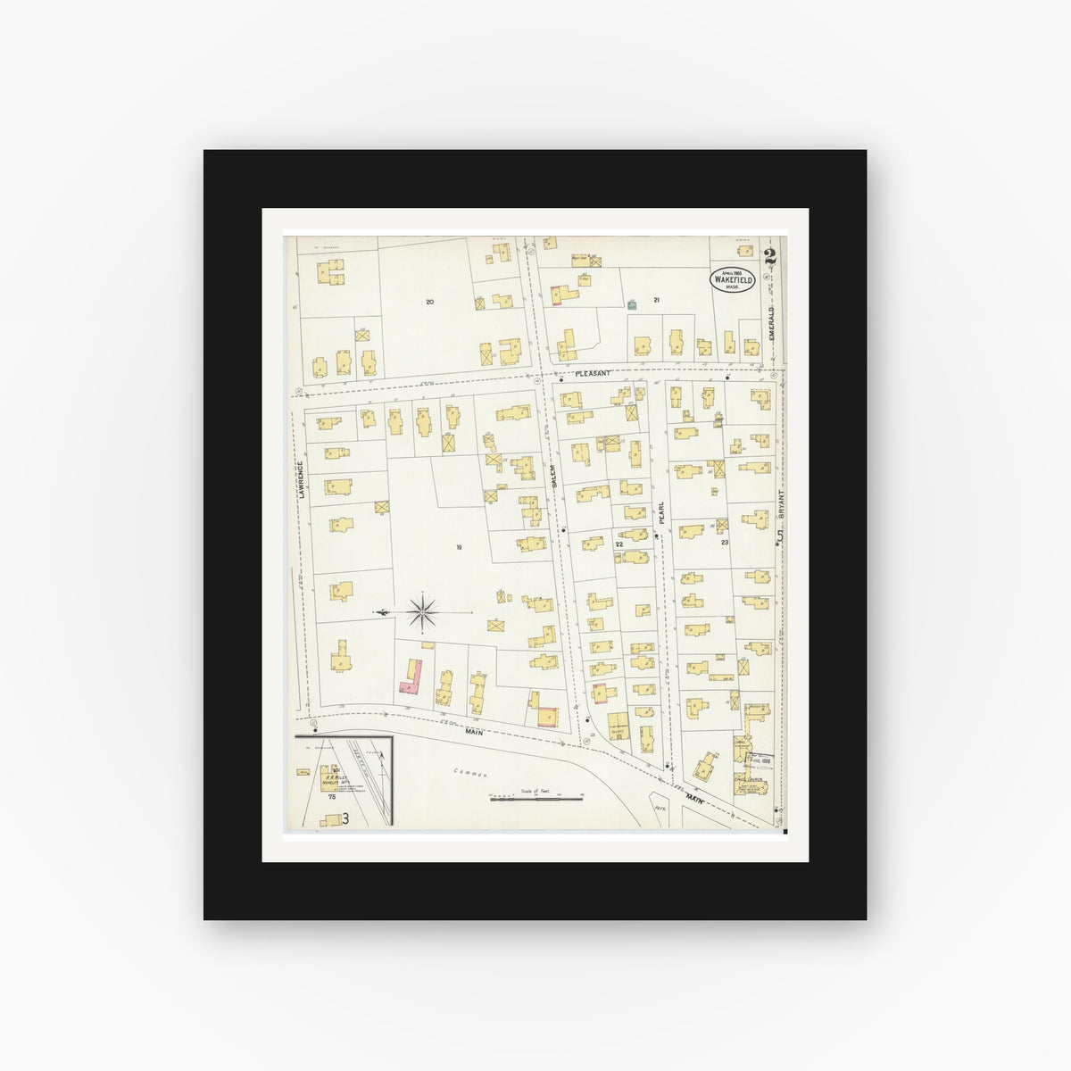 Old map wall art mockup — black gallery frame with white mat — Sanborn Fire Insurance Map from Wakefield, Middlesex County, Massachusetts (1903), Sheet #0002