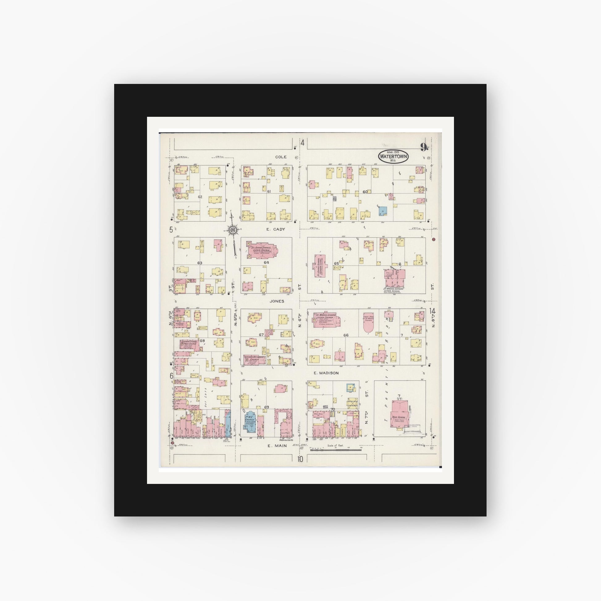 Old map wall art mockup — black gallery frame with white mat — Sanborn Fire Insurance Map from Watertown, Jefferson County, Wisconsin (1915), Sheet #0010