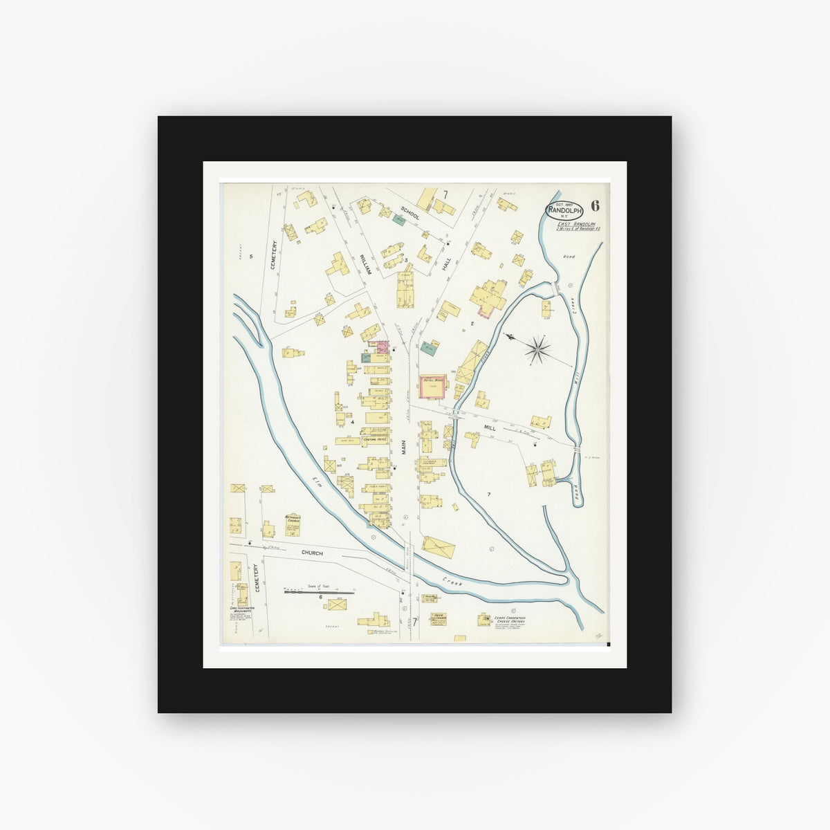 Old map wall art mockup — black gallery frame with white mat — Sanborn Fire Insurance Map from Randolph, Cattaraugus County, New York (1907), Sheet #0006