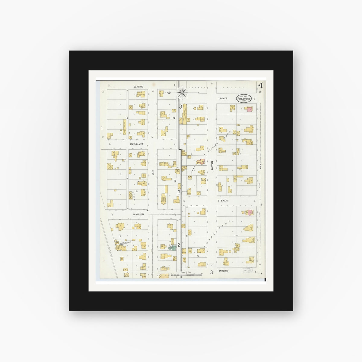Old map wall art mockup — black gallery frame with white mat — Sanborn Fire Insurance Map from Fremont, Newaygo County, Michigan (1904), Sheet #0004