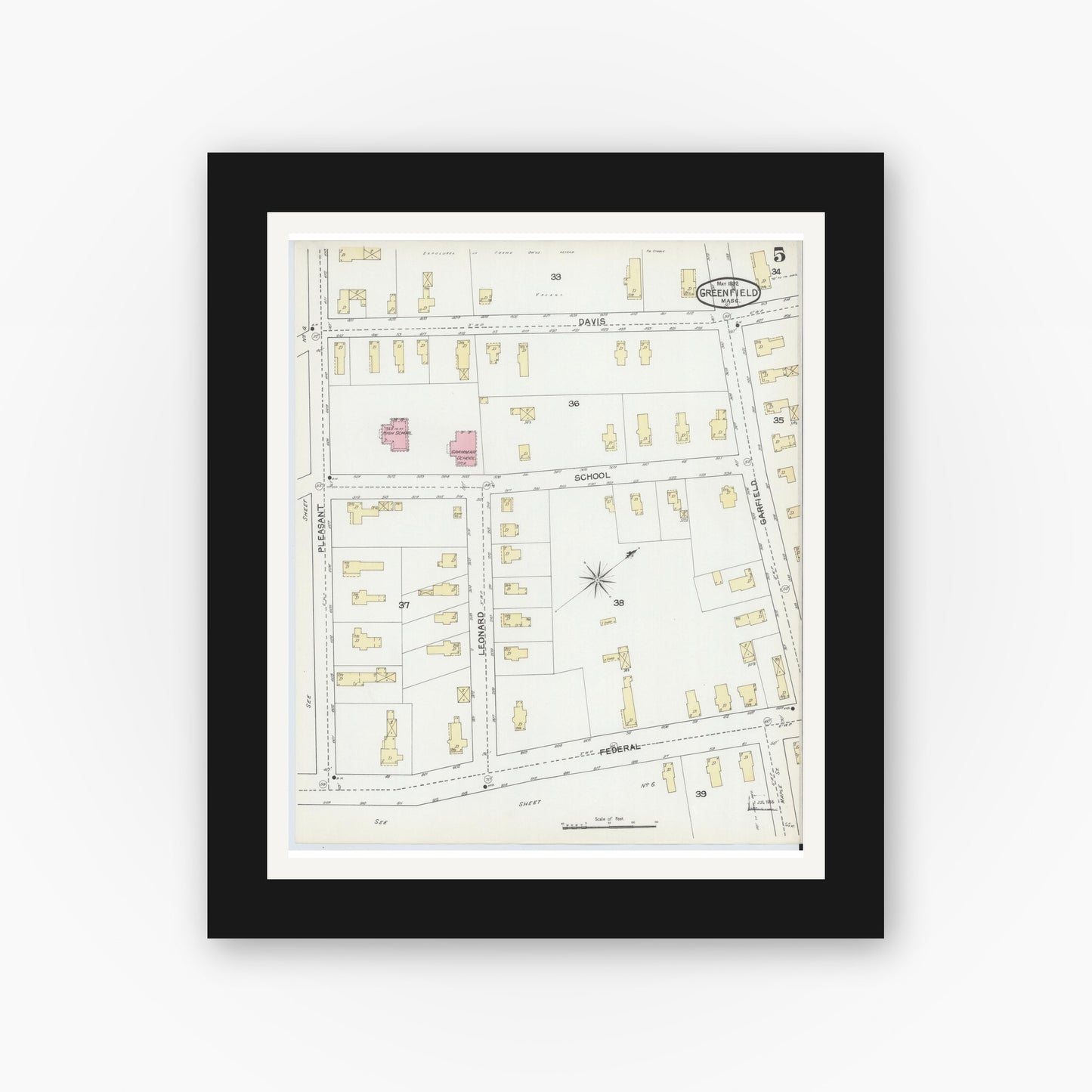 Old map wall art mockup — black gallery frame with white mat — Sanborn Fire Insurance Map from Greenfield, Franklin County, Massachusetts (1892), Sheet #0005