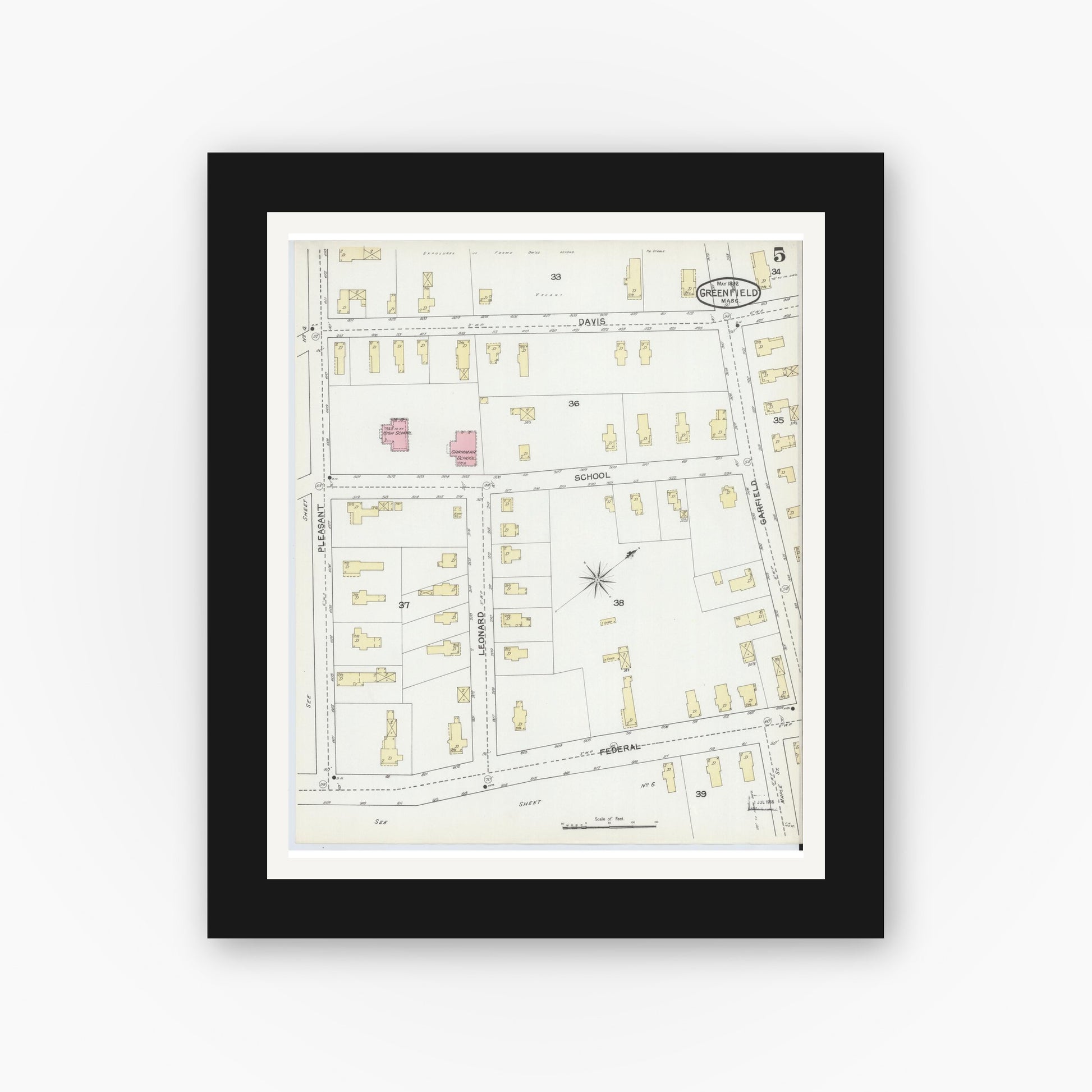 Old map wall art mockup — black gallery frame with white mat — Sanborn Fire Insurance Map from Greenfield, Franklin County, Massachusetts (1892), Sheet #0005