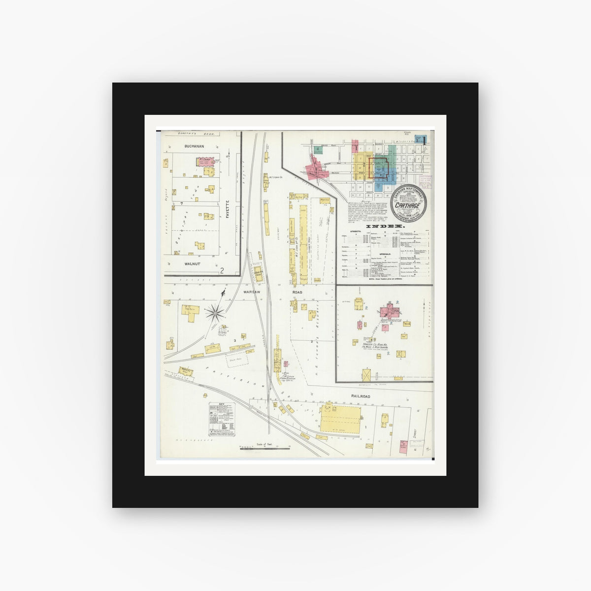 Old map wall art mockup — black gallery frame with white mat — Sanborn Fire Insurance Map from Carthage, Hancock County, Illinois (1906) - Complete Map Set