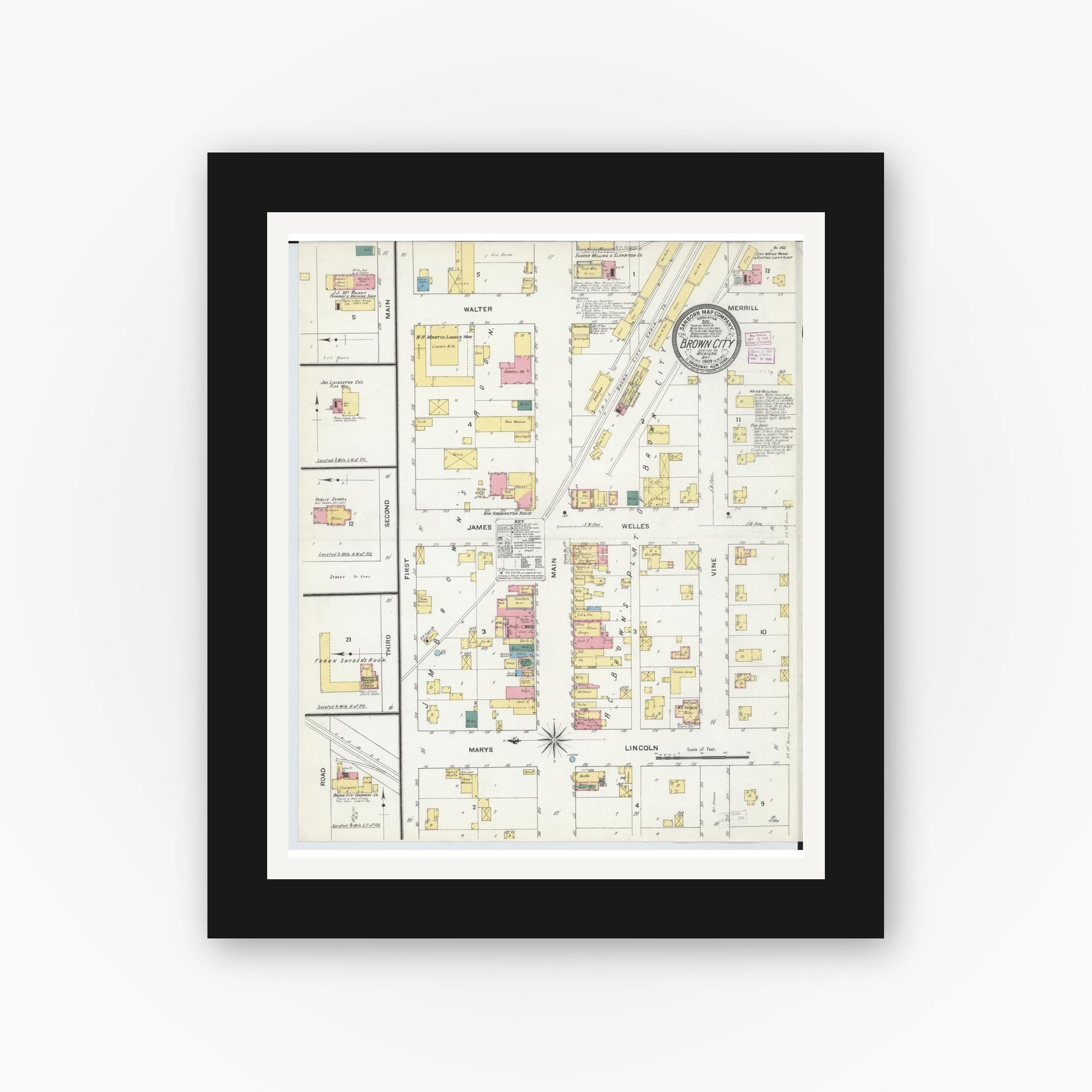Old map wall art mockup — black gallery frame with white mat — Sanborn Fire Insurance Map from Brown City, Sanilac County, Michigan (1909), Sheet #0001