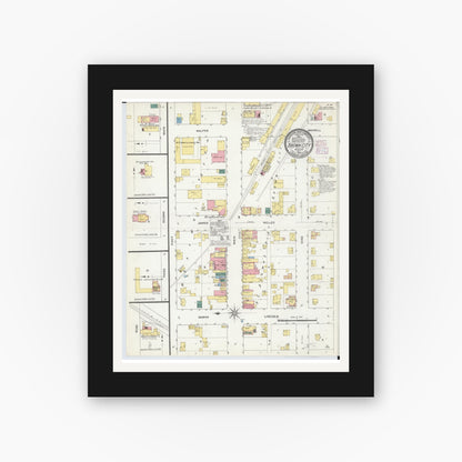 Old map wall art mockup — black gallery frame with white mat — Sanborn Fire Insurance Map from Brown City, Sanilac County, Michigan (1909), Sheet #0001