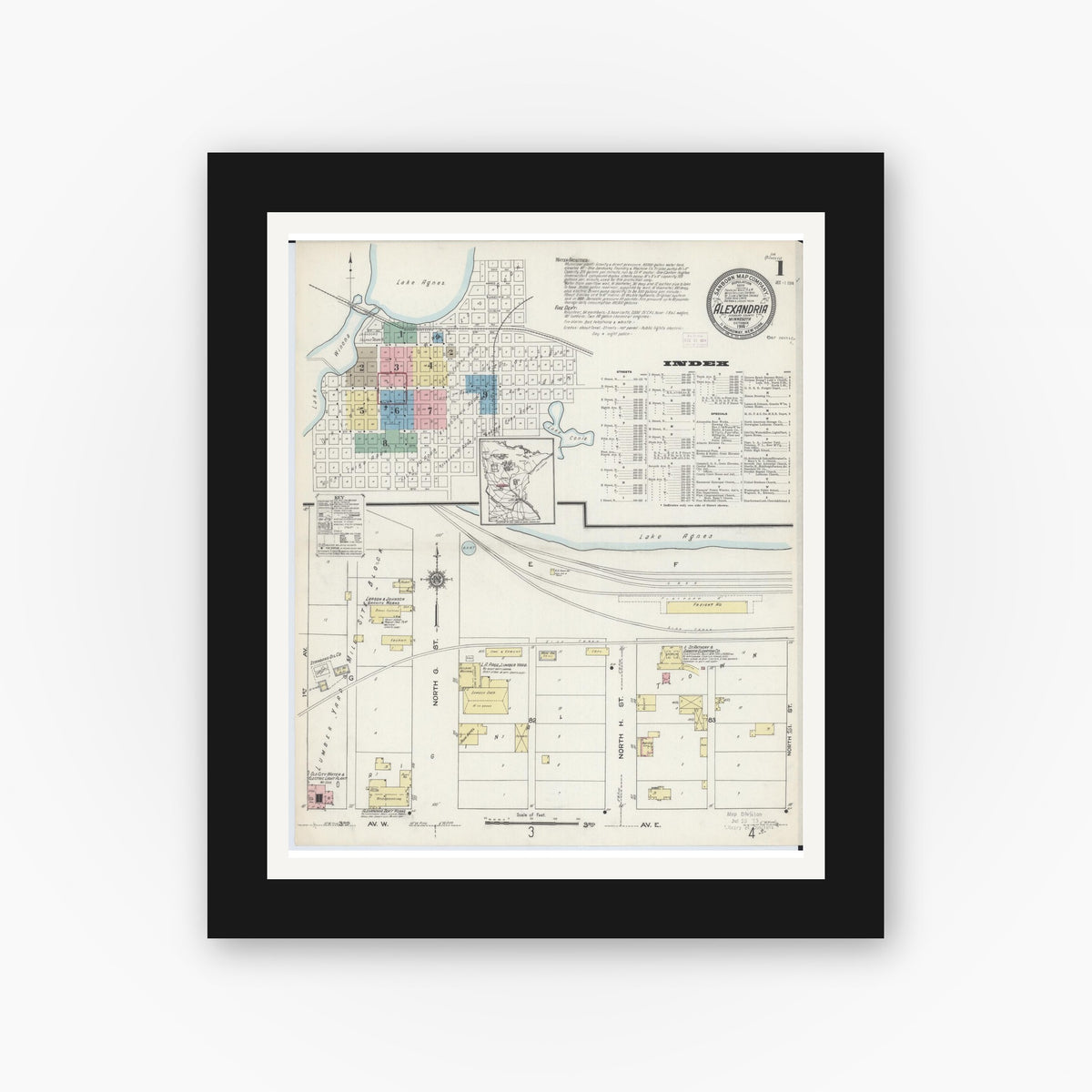 Old map wall art mockup — black gallery frame with white mat — Sanborn Fire Insurance Map from Alexandria, Douglas County, Minnesota (1914), Sheet #0001