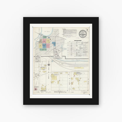 Old map wall art mockup — black gallery frame with white mat — Sanborn Fire Insurance Map from Alexandria, Douglas County, Minnesota (1914), Sheet #0001