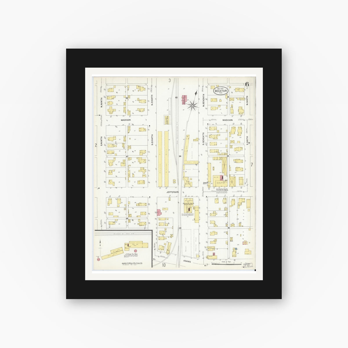 Old map wall art mockup — black gallery frame with white mat — Sanborn Fire Insurance Map from Decatur, Adams County, Indiana (1907), Sheet #0006