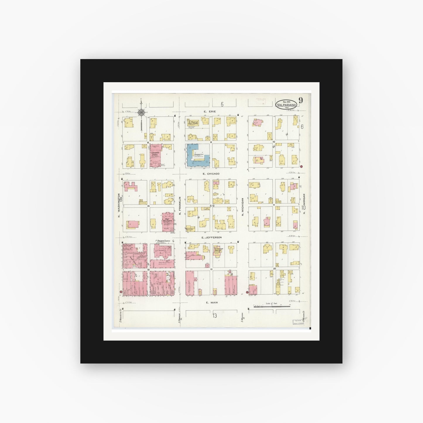 Old map wall art mockup — black gallery frame with white mat — Sanborn Fire Insurance Map from Valparaiso, Porter County, Indiana (1910), Sheet #0009
