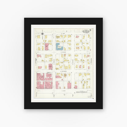 Old map wall art mockup — black gallery frame with white mat — Sanborn Fire Insurance Map from Valparaiso, Porter County, Indiana (1910), Sheet #0009