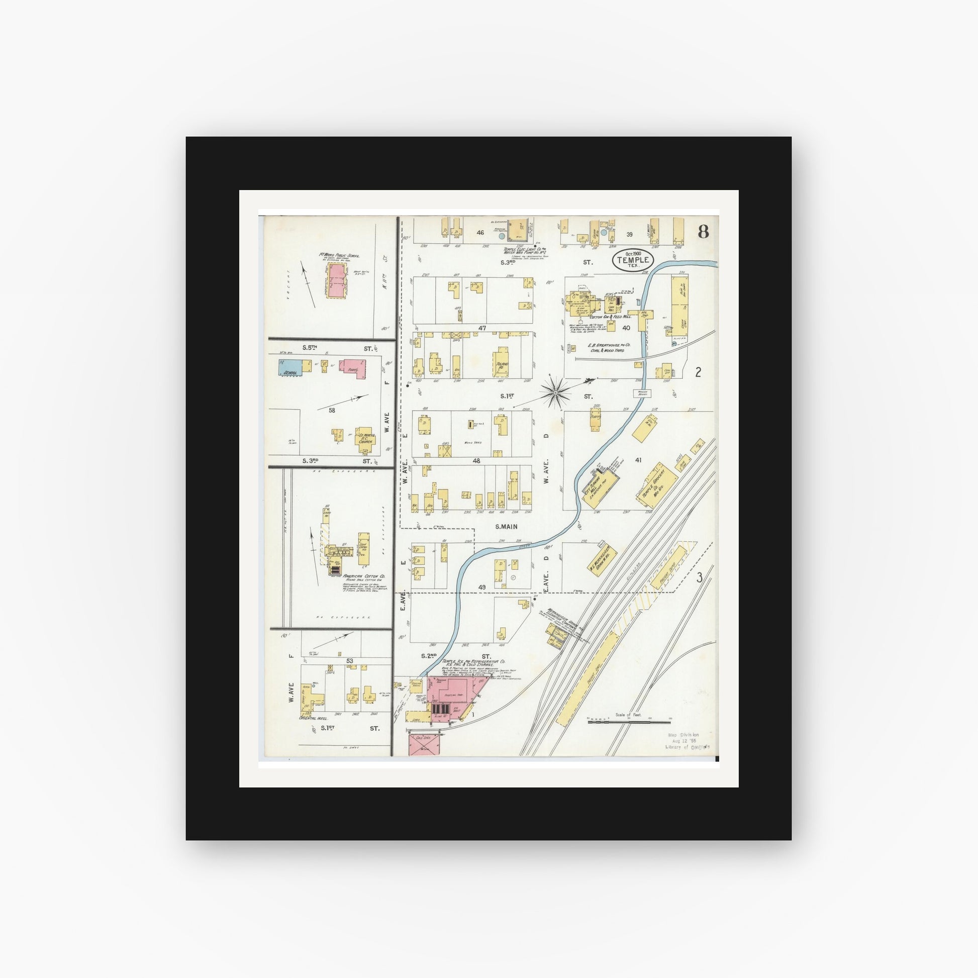 Old map wall art mockup — black gallery frame with white mat — Sanborn Fire Insurance Map from Temple, Bell County, Texas (1900), Sheet #0008