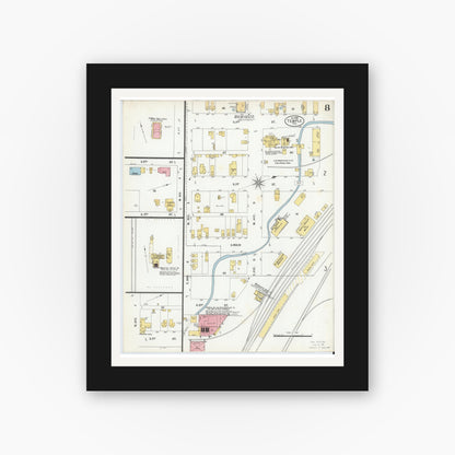Old map wall art mockup — black gallery frame with white mat — Sanborn Fire Insurance Map from Temple, Bell County, Texas (1900), Sheet #0008
