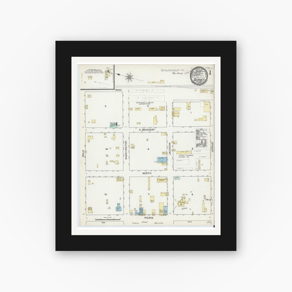 Old map wall art mockup — black gallery frame with white mat — Sanborn Fire Insurance Map from Burnet, Burnet County, Texas (1891), Sheet #0001