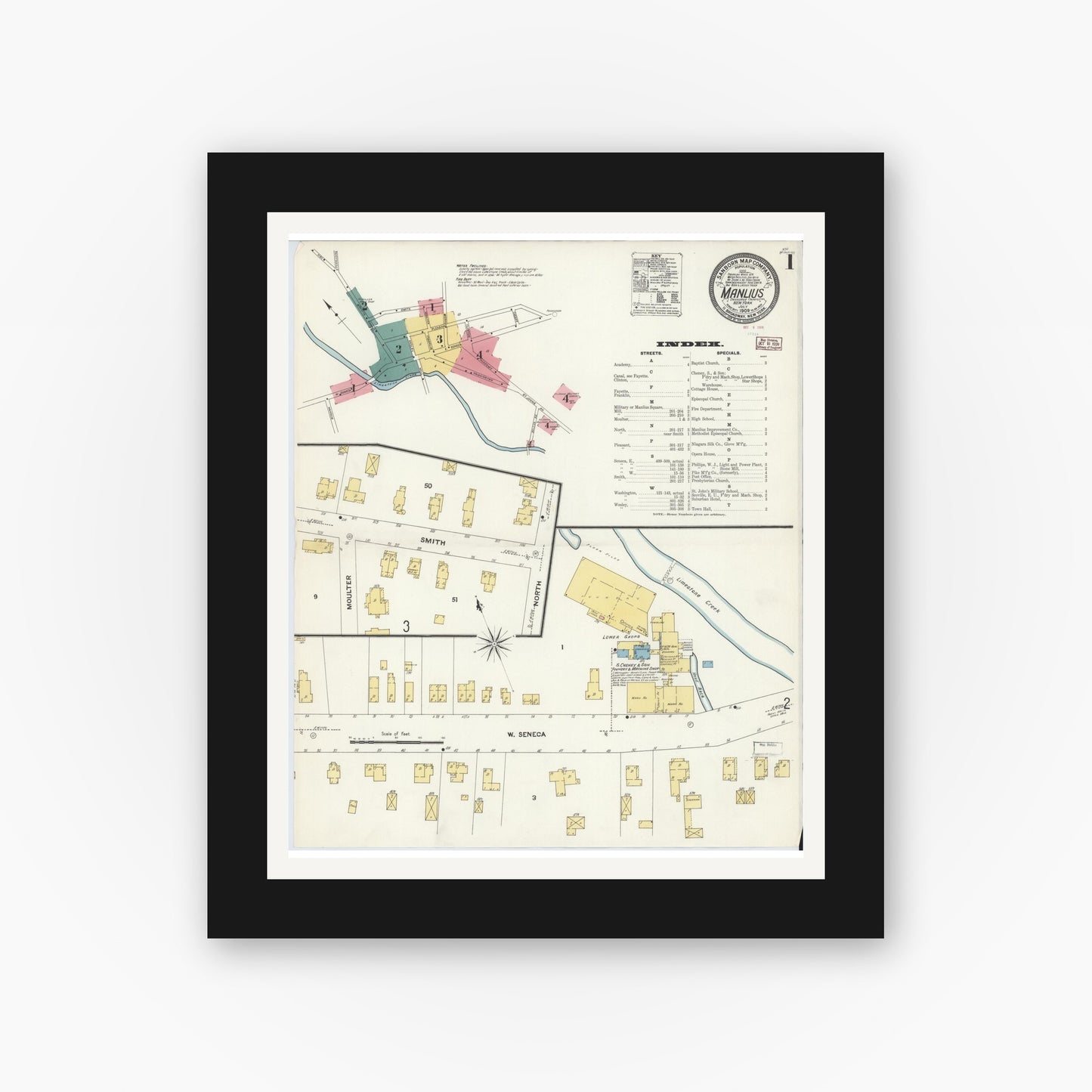 Old map wall art mockup — black gallery frame with white mat — Sanborn Fire Insurance Map from Manlius, Onondaga County, New York (1909) - Complete Map Set