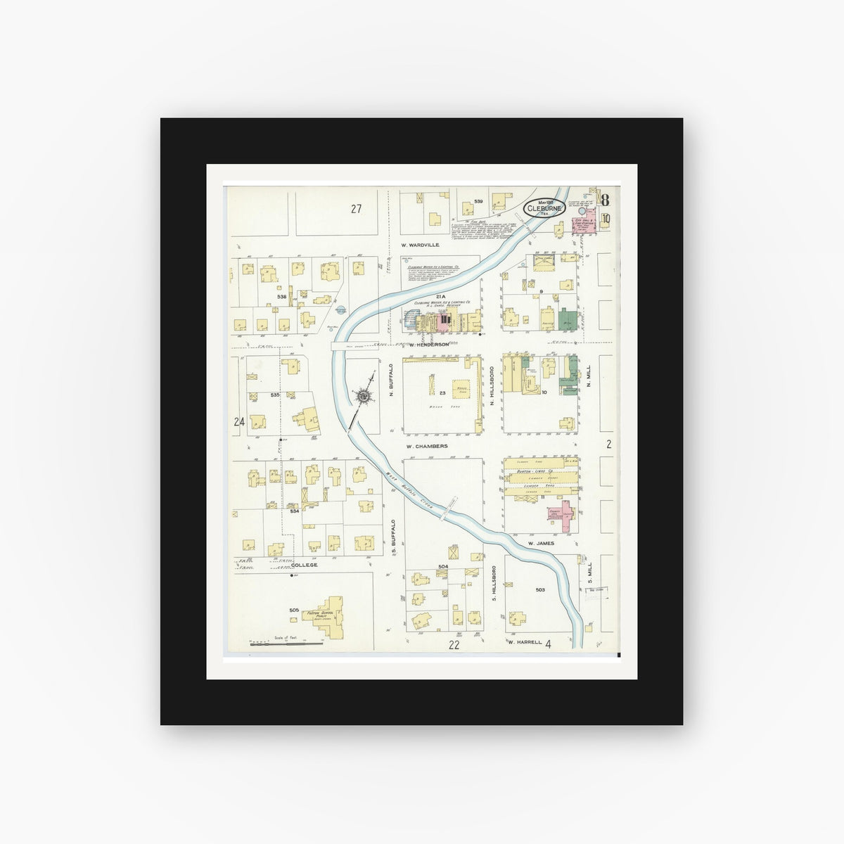 Old map wall art mockup — black gallery frame with white mat — Sanborn Fire Insurance Map from Cleburne, Johnson County, Texas (1910), Sheet #0008