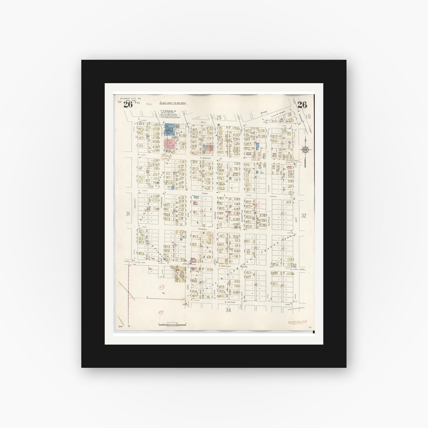 Old map wall art mockup — black gallery frame with white mat — Sanborn Fire Insurance Map from Michigan City, La Porte County, Indiana (1948), Sheet #0026