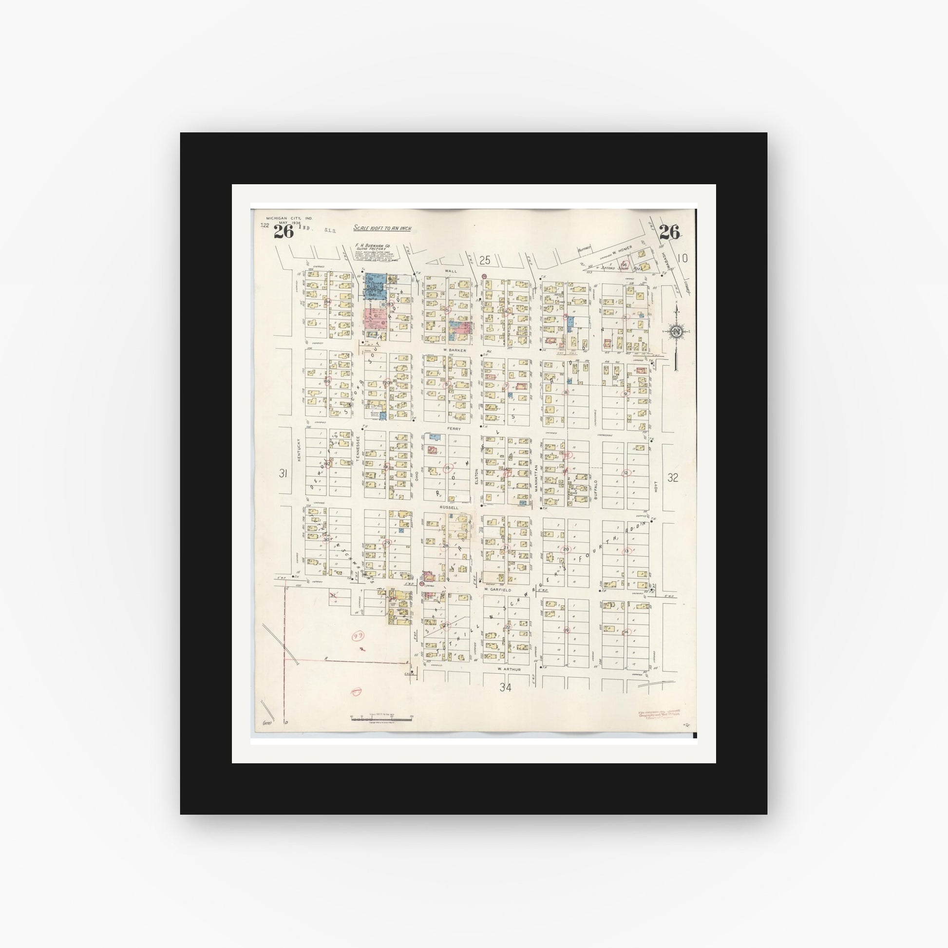 Old map wall art mockup — black gallery frame with white mat — Sanborn Fire Insurance Map from Michigan City, La Porte County, Indiana (1948), Sheet #0026