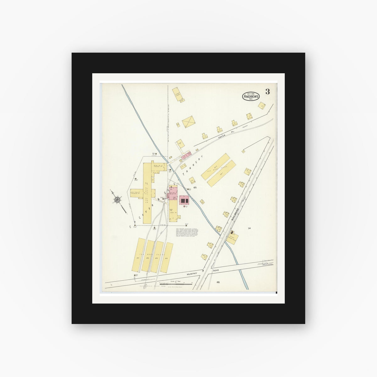 Old map wall art mockup — black gallery frame with white mat — Sanborn Fire Insurance Map from Andrews, Cherokee County, North Carolina (1916), Sheet #0003