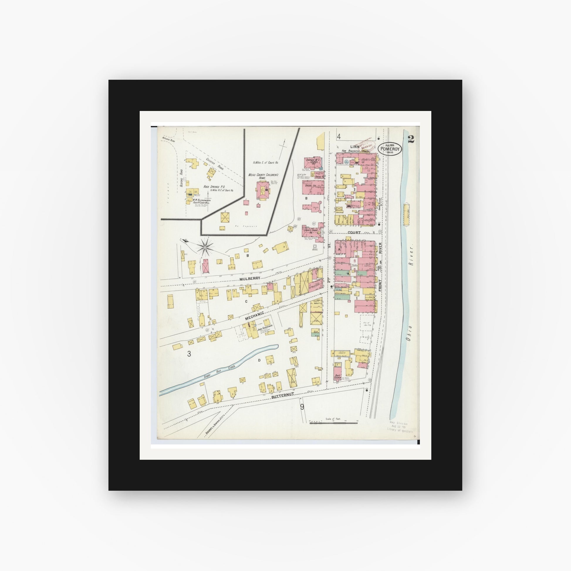 Old map wall art mockup — black gallery frame with white mat — Sanborn Fire Insurance Map from Pomeroy, Meigs County, Ohio (1899), Sheet #0002
