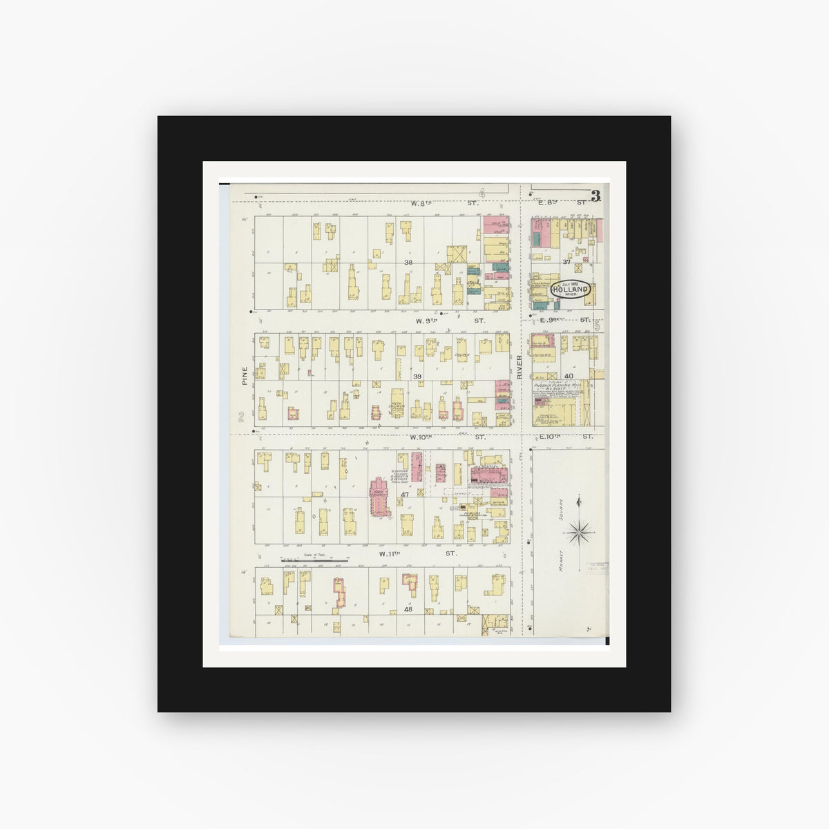 Old map wall art mockup — black gallery frame with white mat — Sanborn Fire Insurance Map from Holland, Ottawa County, Michigan (1893), Sheet #0003