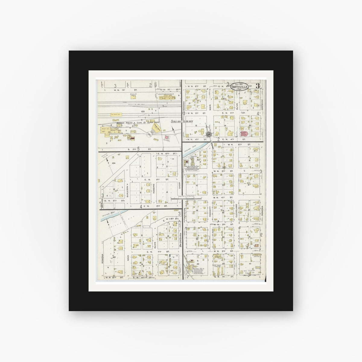 Old map wall art mockup — black gallery frame with white mat — Sanborn Fire Insurance Map from Smithville, Bastrop County, Texas (1915), Sheet #0003