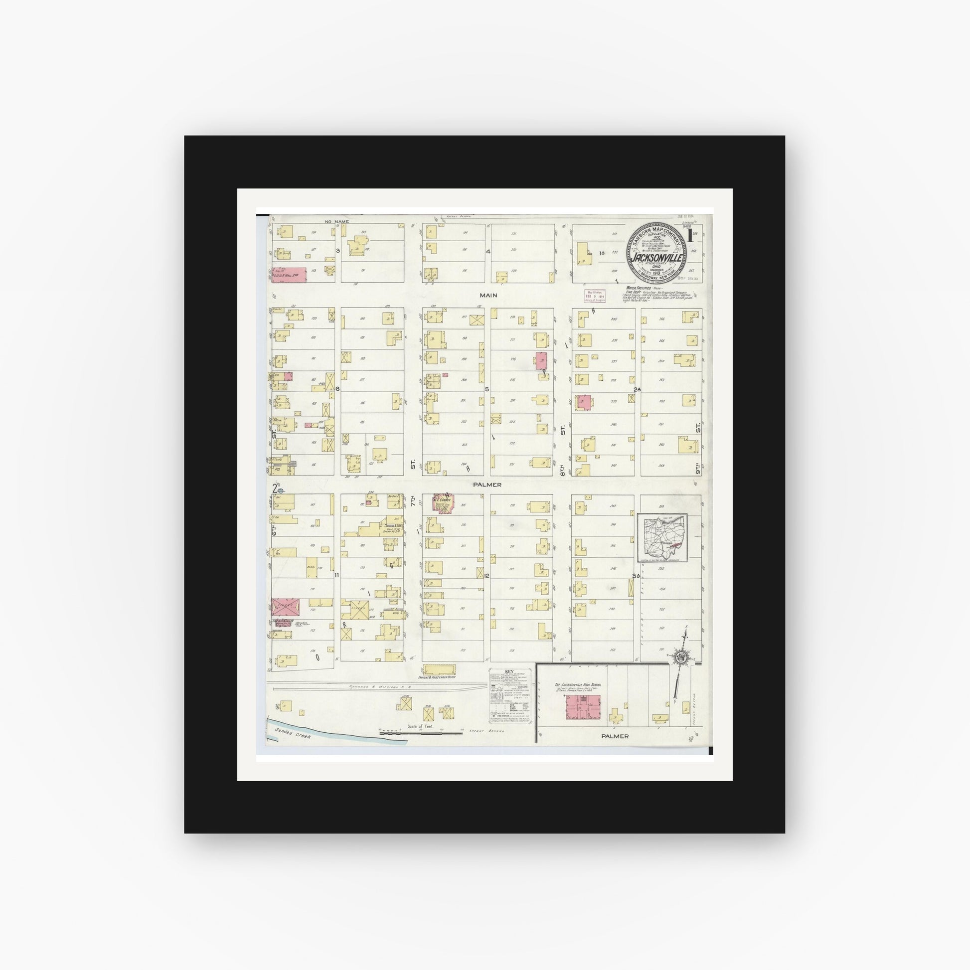 Old map wall art mockup — black gallery frame with white mat — Sanborn Fire Insurance Map from Jacksonville, Athens County, Ohio (1913), Sheet #0001