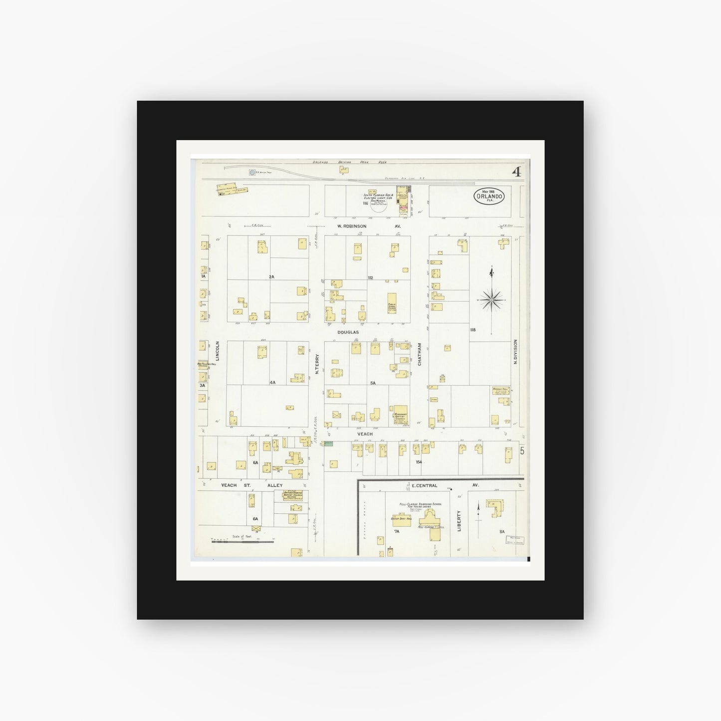 Old map wall art mockup — black gallery frame with white mat — Sanborn Fire Insurance Map from Orlando, Orange County, Florida (1908), Sheet #0004