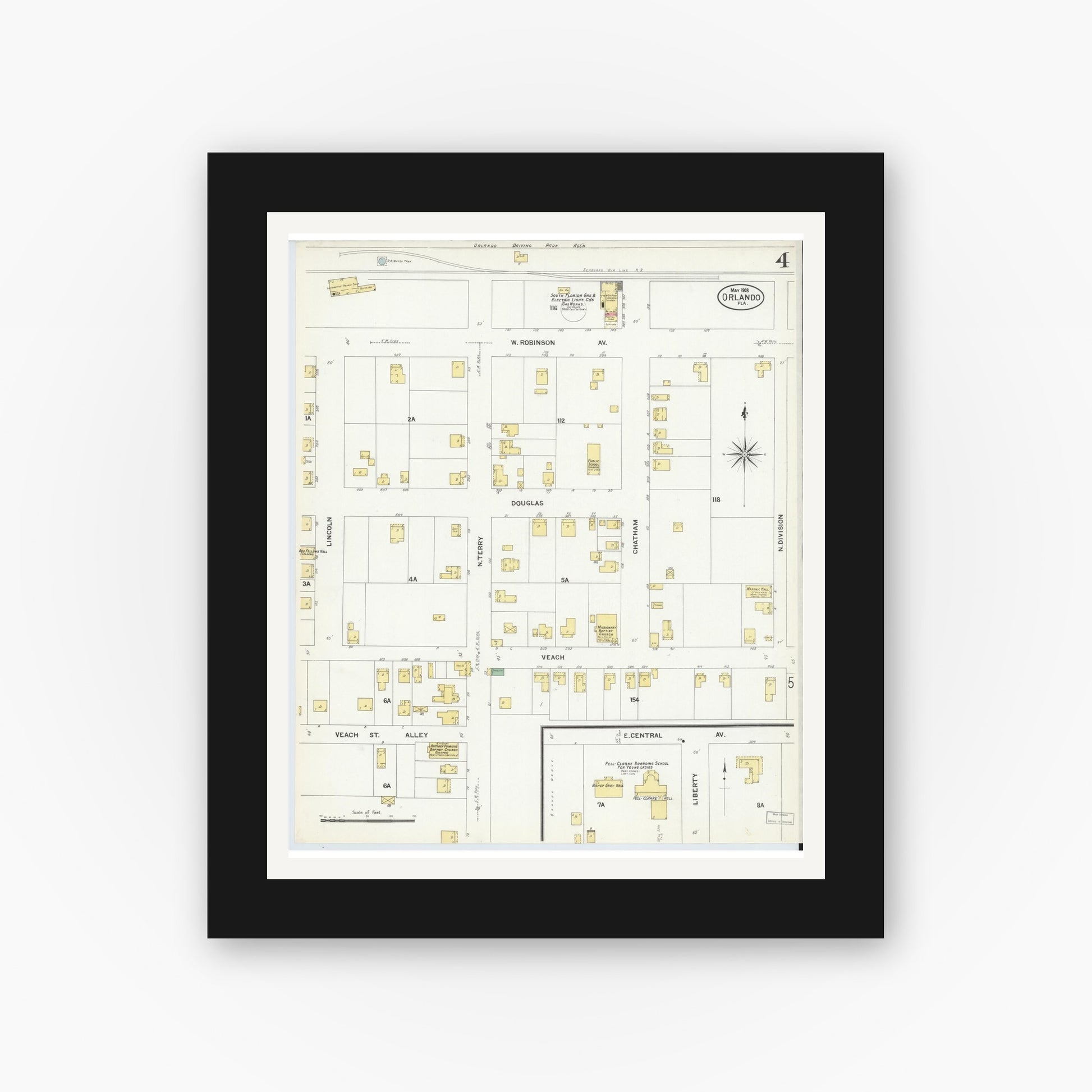 Old map wall art mockup — black gallery frame with white mat — Sanborn Fire Insurance Map from Orlando, Orange County, Florida (1908), Sheet #0004