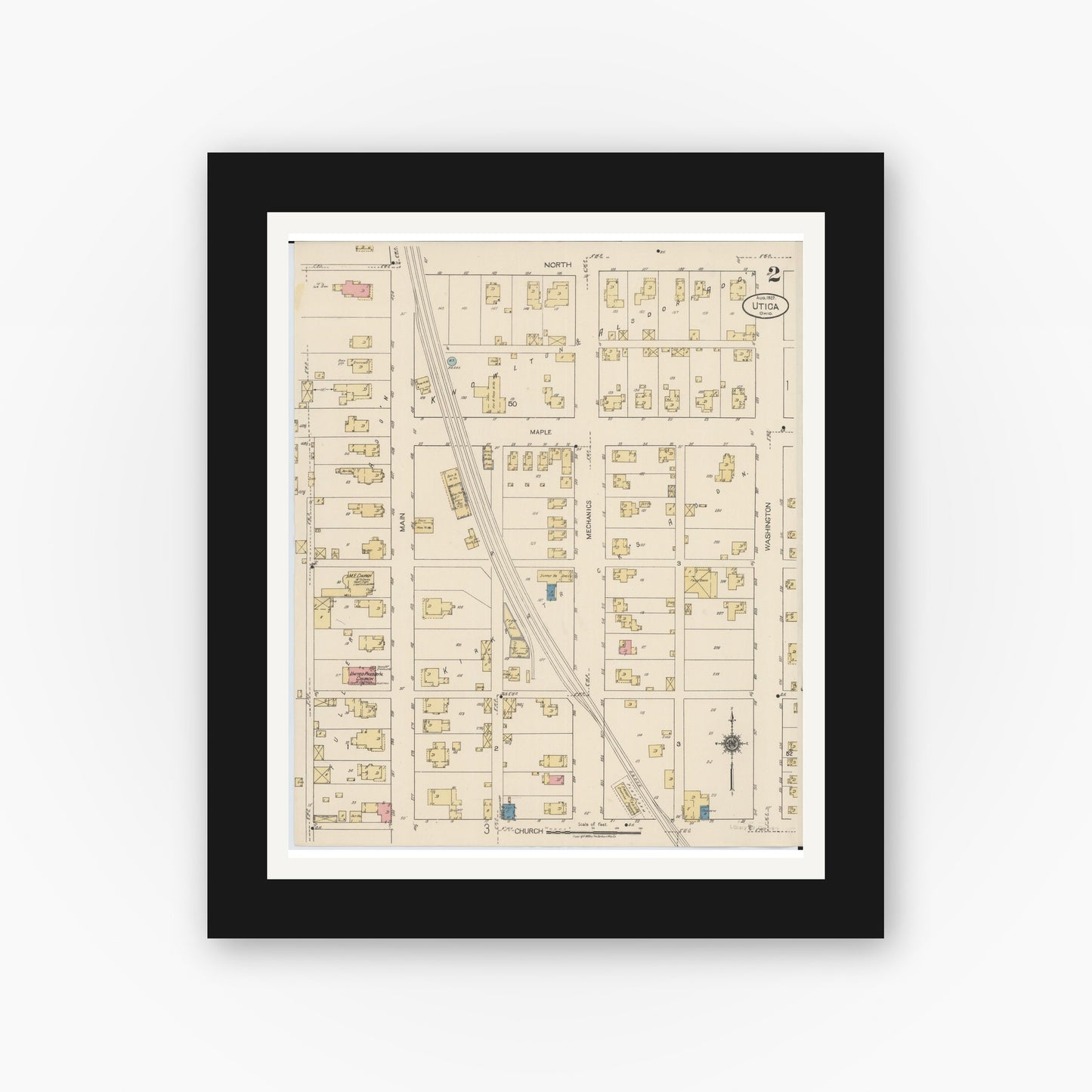 Old map wall art mockup — black gallery frame with white mat — Sanborn Fire Insurance Map from Utica, Licking County, Ohio (1922), Sheet #0002