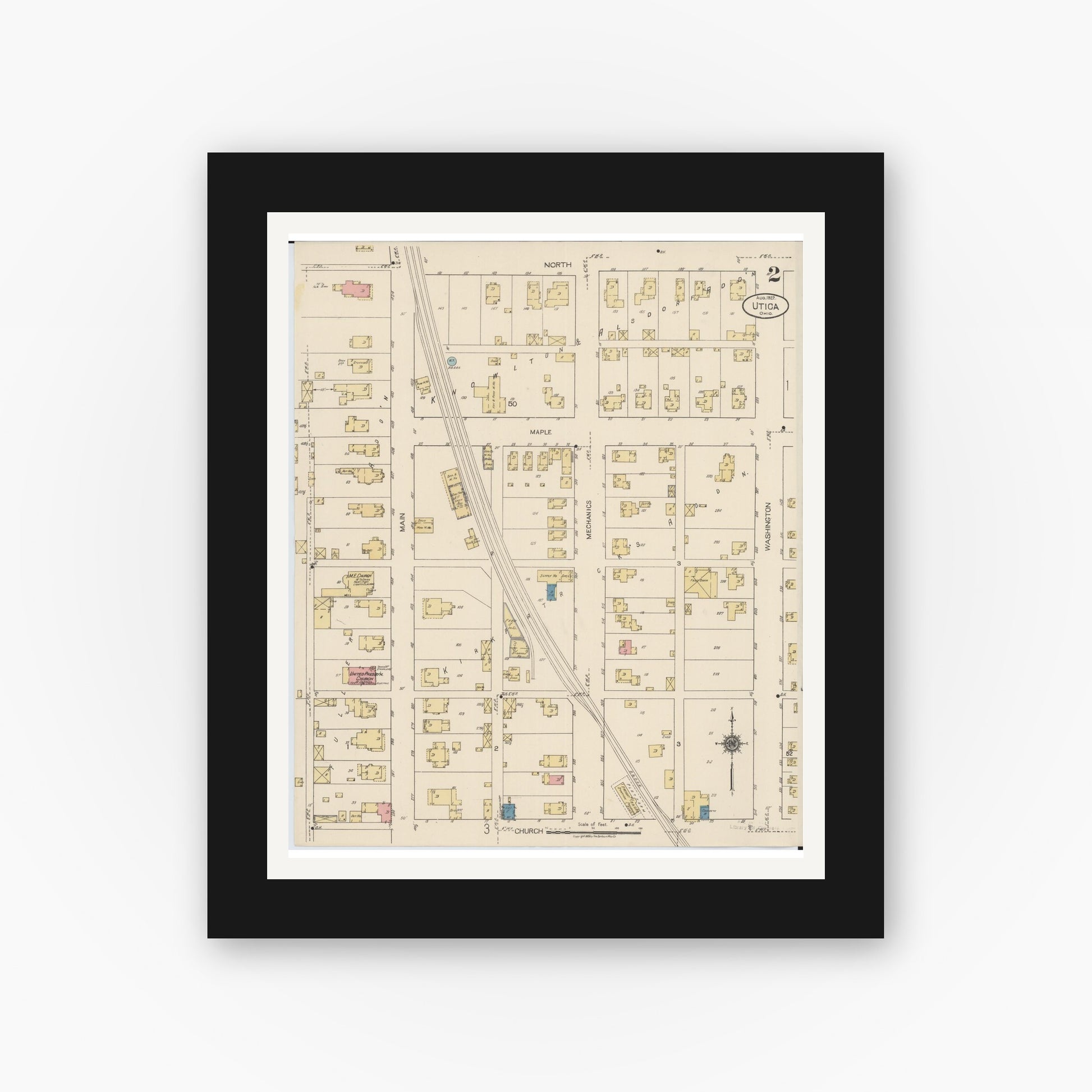 Old map wall art mockup — black gallery frame with white mat — Sanborn Fire Insurance Map from Utica, Licking County, Ohio (1922), Sheet #0002
