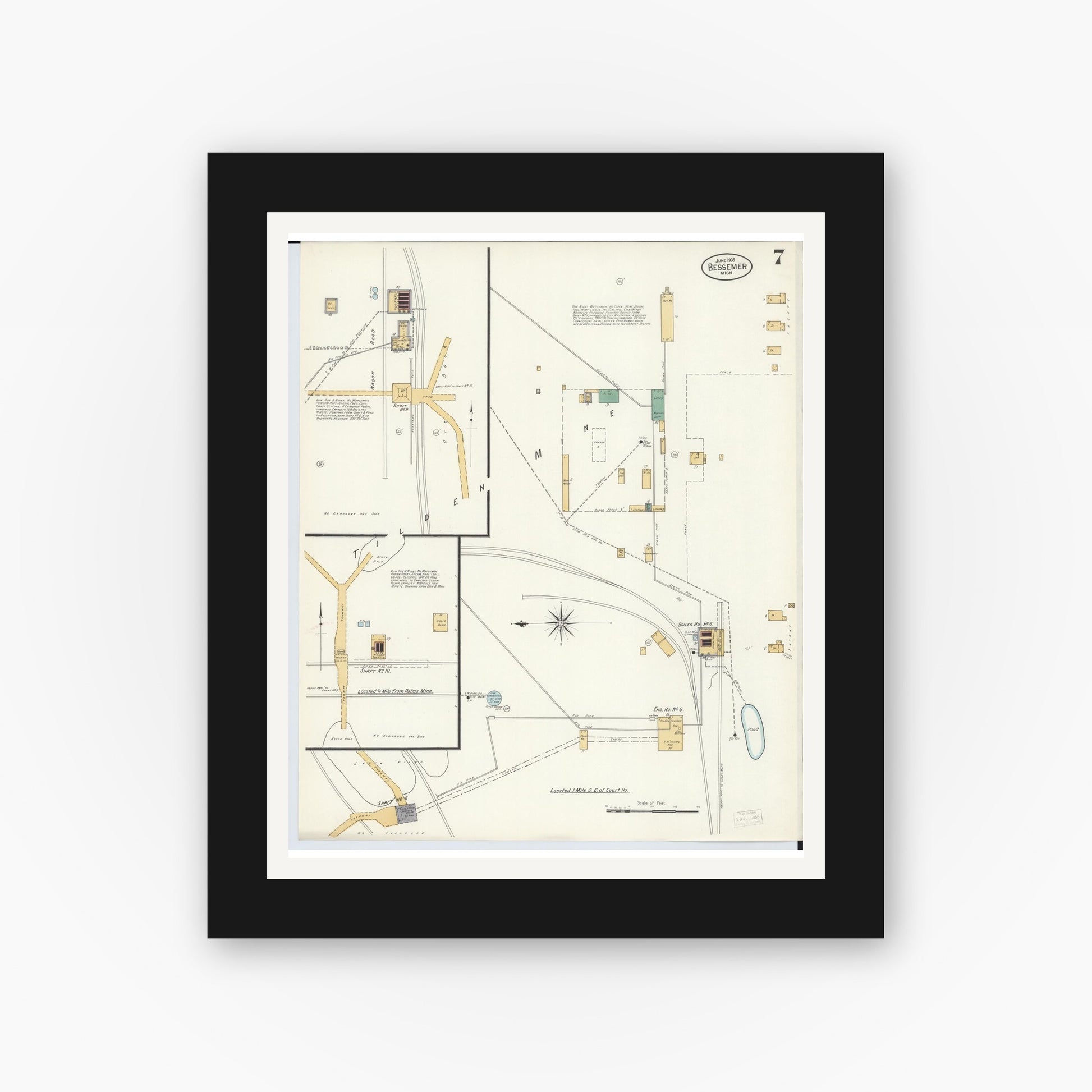 Old map wall art mockup — black gallery frame with white mat — Sanborn Fire Insurance Map from Bessemer, Gogebic County, Michigan (1908), Sheet #0007