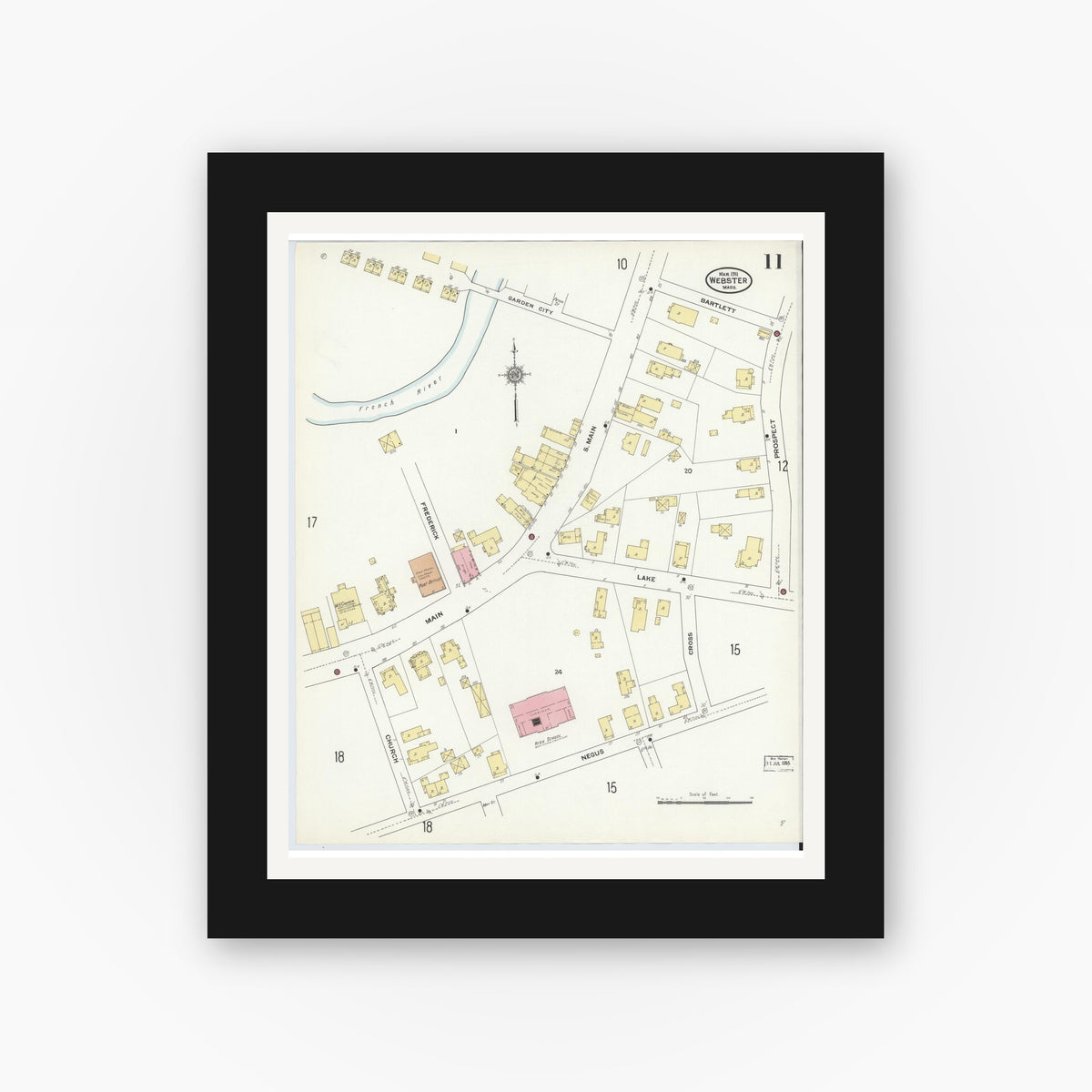 Old map wall art mockup — black gallery frame with white mat — Sanborn Fire Insurance Map from Webster, Worcester County, Massachusetts (1911), Sheet #0011