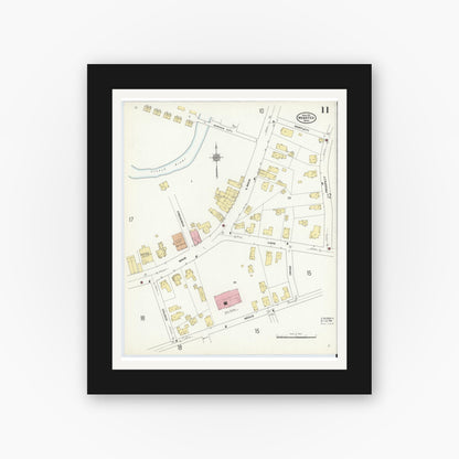 Old map wall art mockup — black gallery frame with white mat — Sanborn Fire Insurance Map from Webster, Worcester County, Massachusetts (1911), Sheet #0011